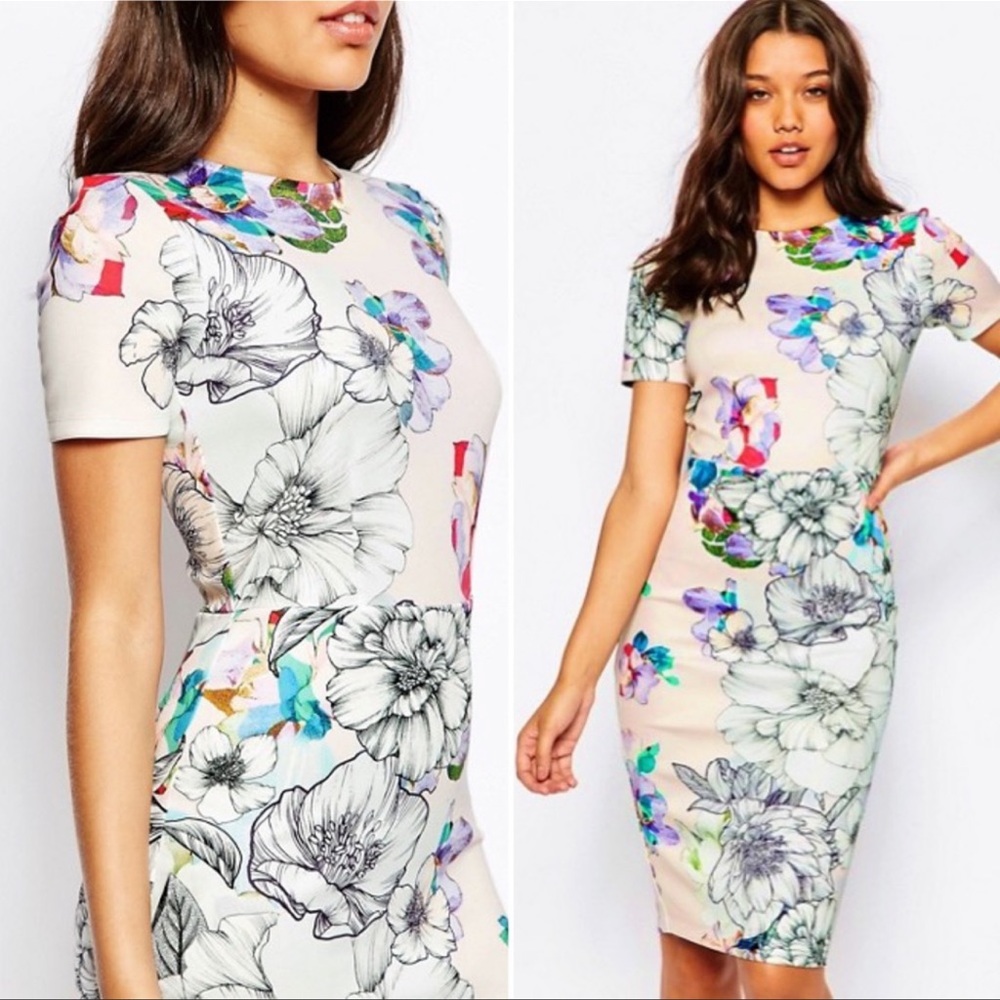ASOS Bodycon Floral Print Watercolor Scuba Midi Dress Size 8